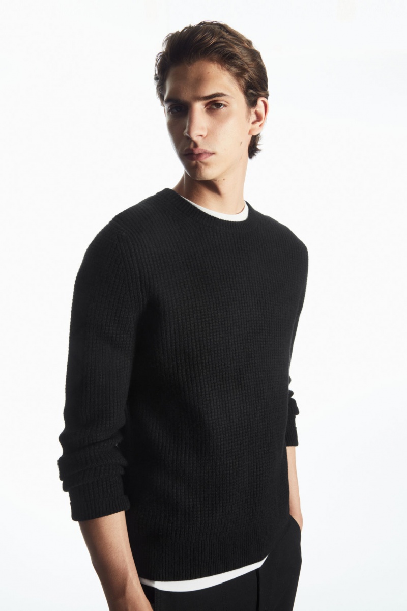 Men\'s COS Waffle-Knit Pure Cashmere Sweaters Black NZ-37PVEWAZS