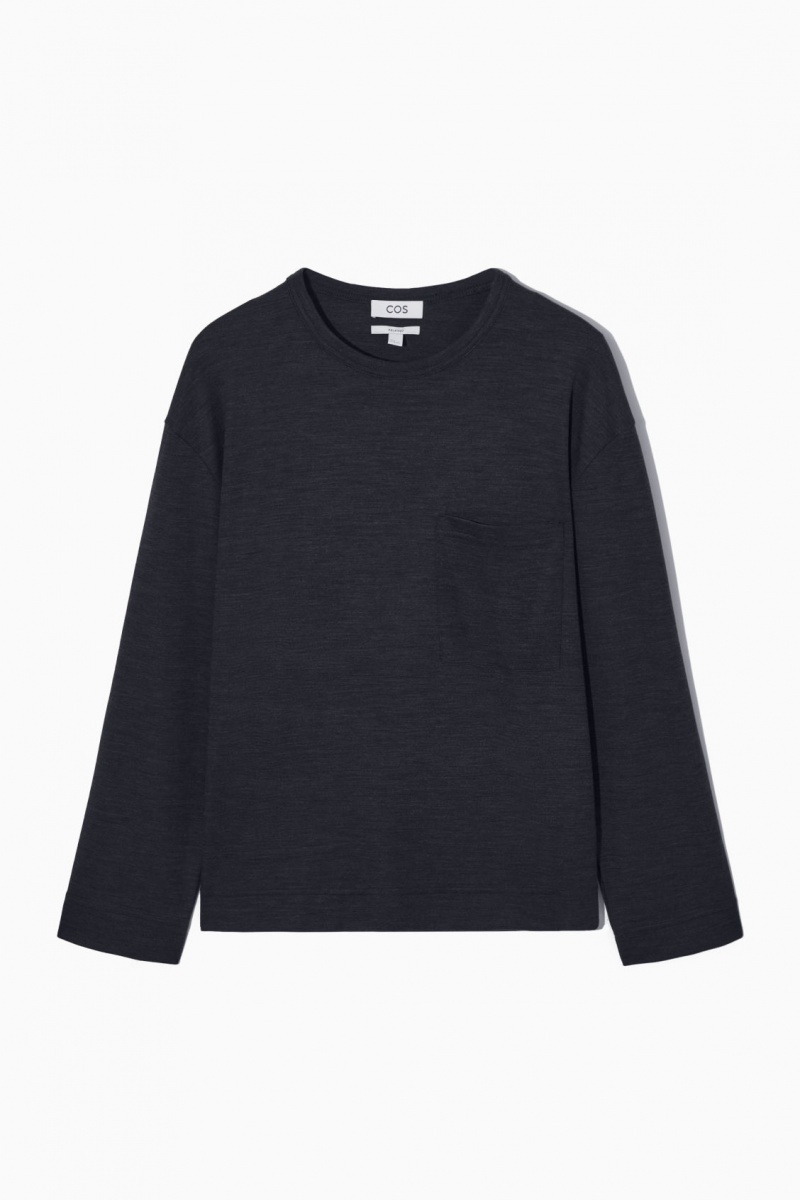 Men's COS Wool-Blend Long-Sleeved T-Shirt Navy NZ-92YHAMZWL