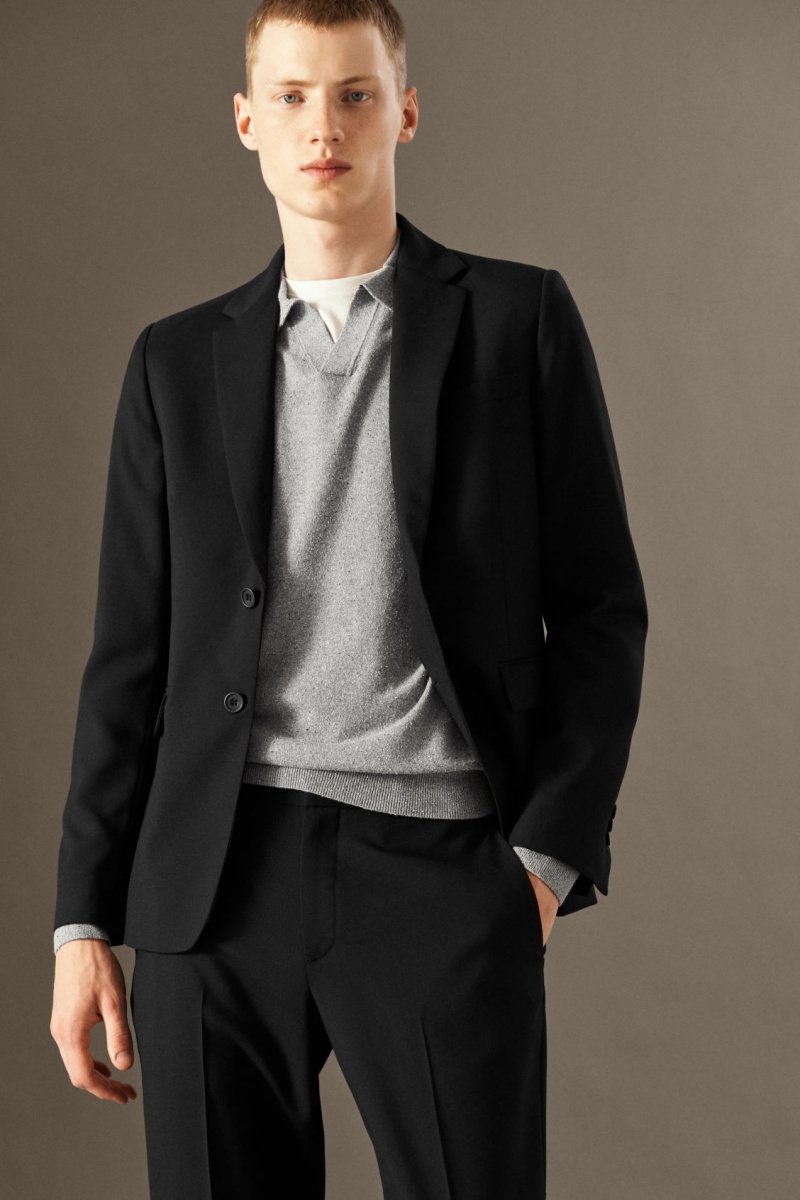 Men's COS Wool-Hopsack Slim Pants Black NZ-57YJIFCAT