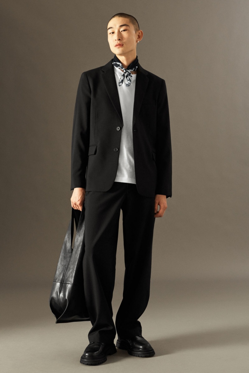Men's COS Wool-Hopsack Wide Pants Black NZ-01WKSOJNH