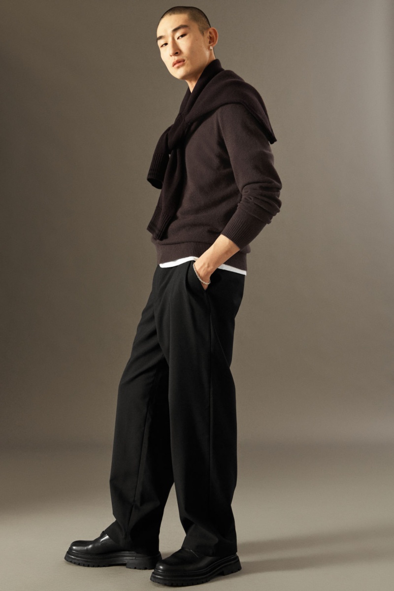 Men\'s COS Wool-Hopsack Wide Pants Black NZ-01WKSOJNH
