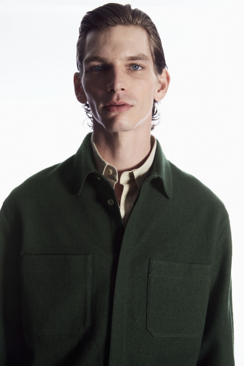 Men's COS Wool-Jersey Overshirt Shirts Dark Green NZ-89XHIDQTN