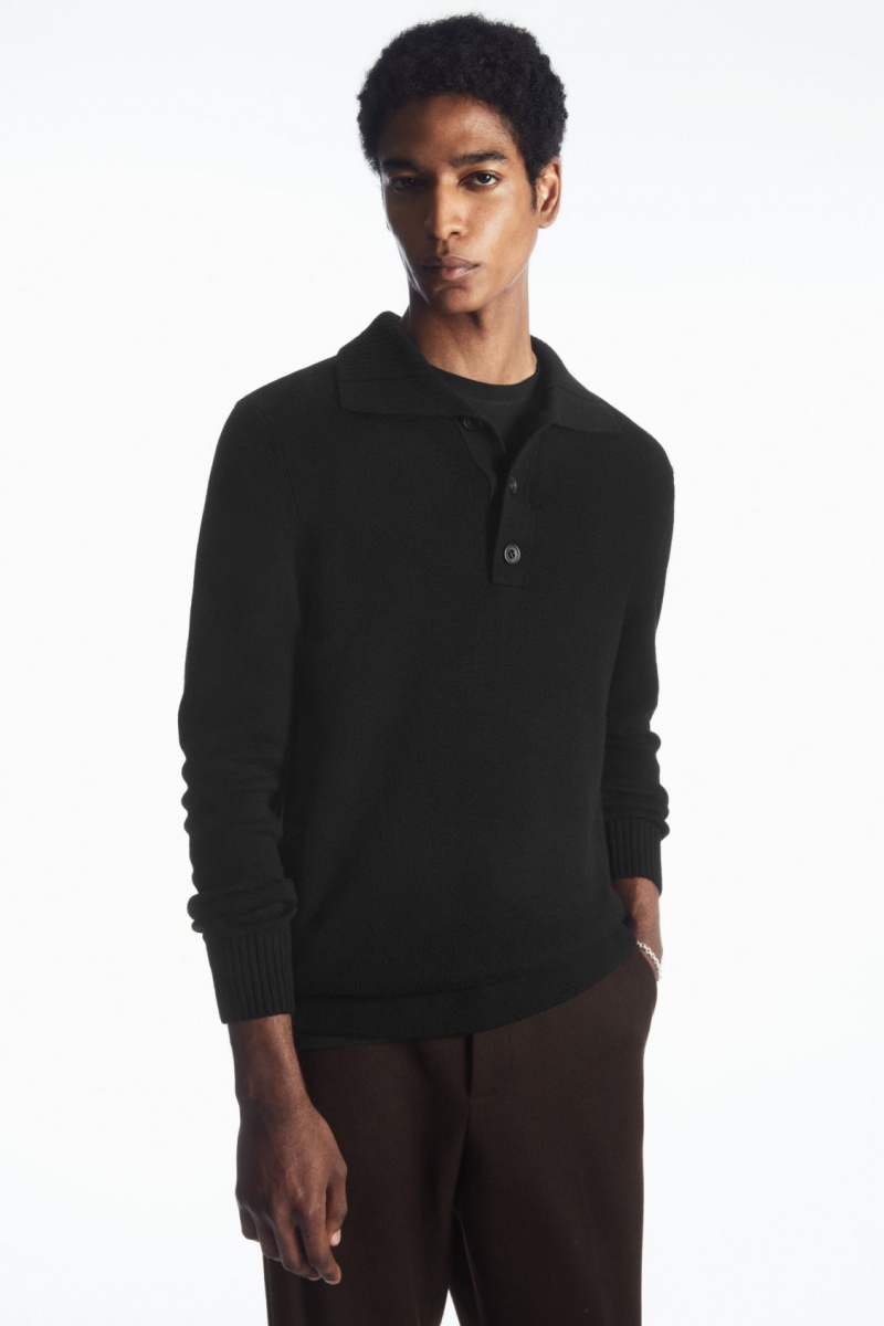 Men\'s COS Wool And Cashmere Polo Shirts Black NZ-21NXCAGDZ
