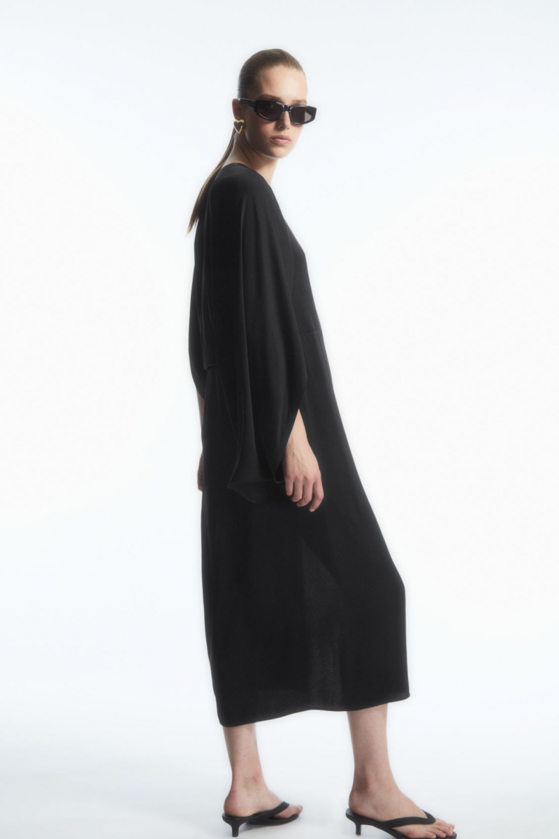 Women's COS Asymmetric-Sleeve Draped Midi Dress Black NZ-51FJSPRLU