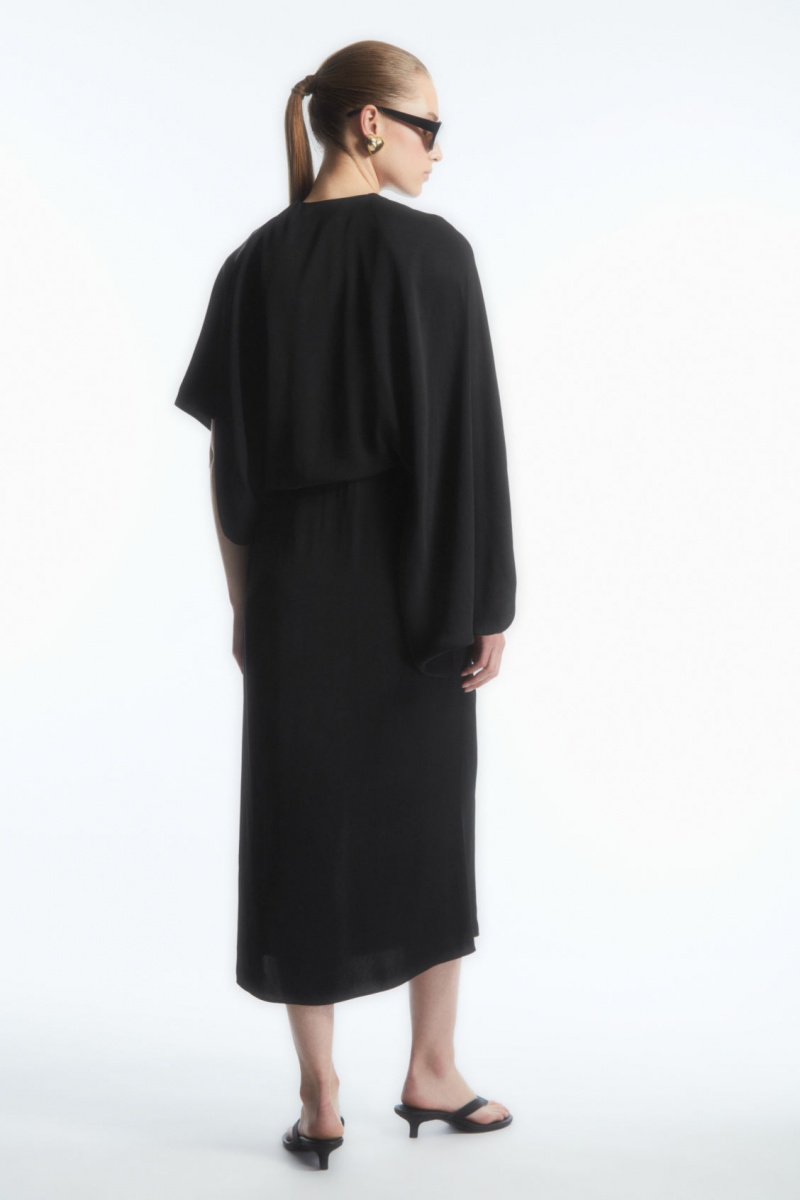 Women's COS Asymmetric-Sleeve Draped Midi Dress Black NZ-51FJSPRLU