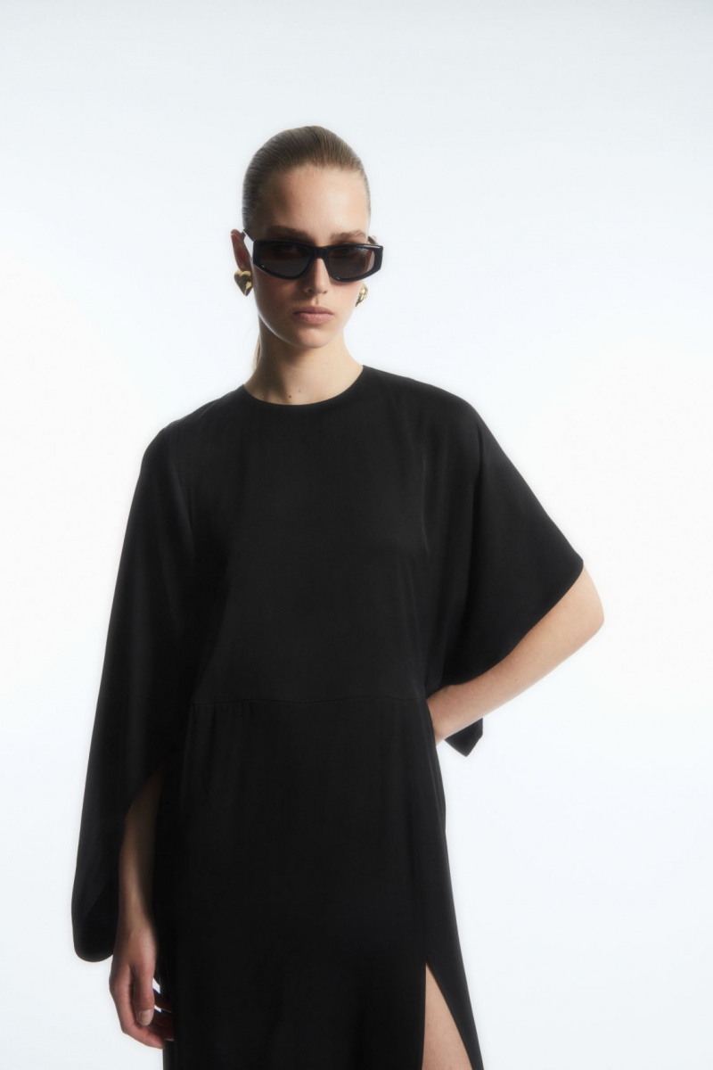 Women's COS Asymmetric-Sleeve Draped Midi Dress Black NZ-51FJSPRLU