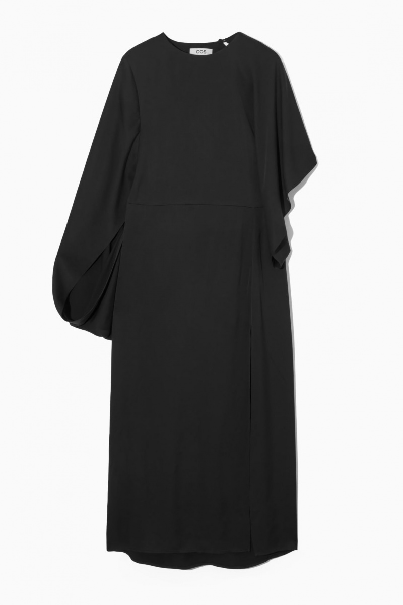 Women's COS Asymmetric-Sleeve Draped Midi Dress Black NZ-51FJSPRLU