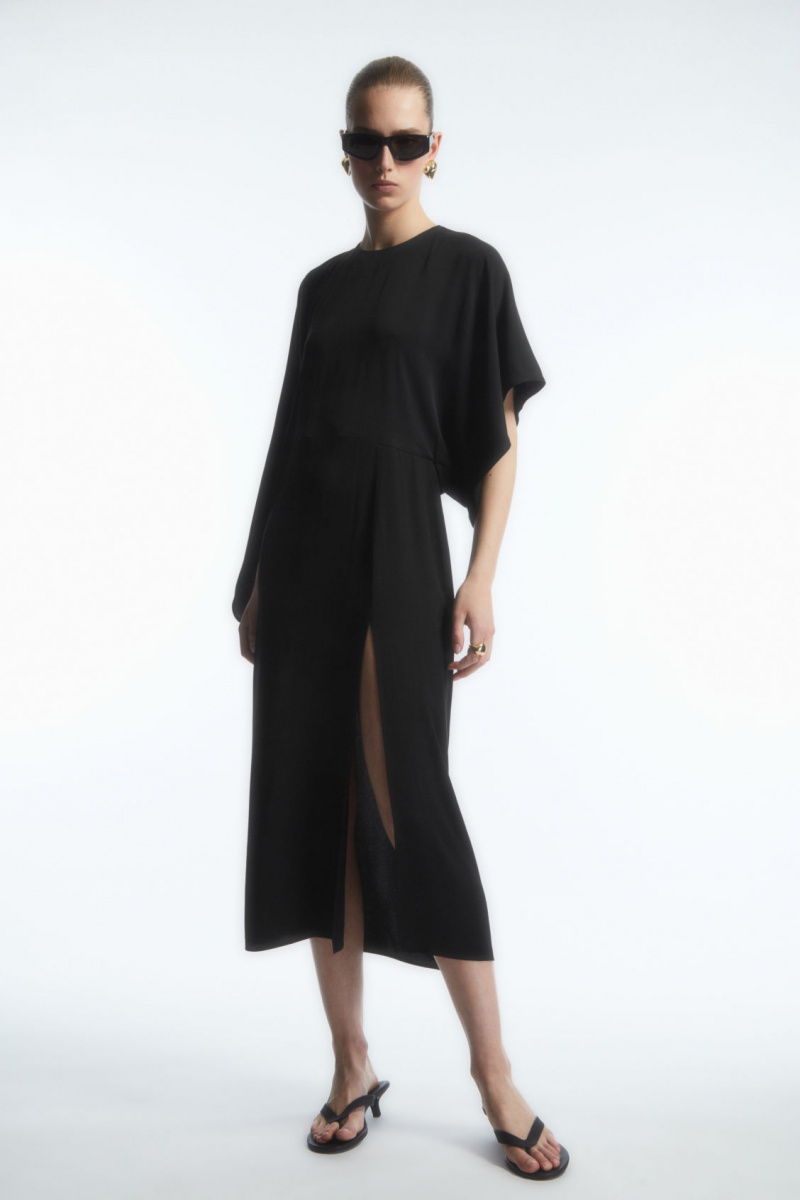 Women\'s COS Asymmetric-Sleeve Draped Midi Dress Black NZ-51FJSPRLU