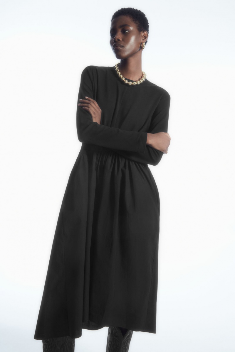 Women's COS Asymmetric Gathered-Waist Midi Dress Black NZ-94QCOSLMW