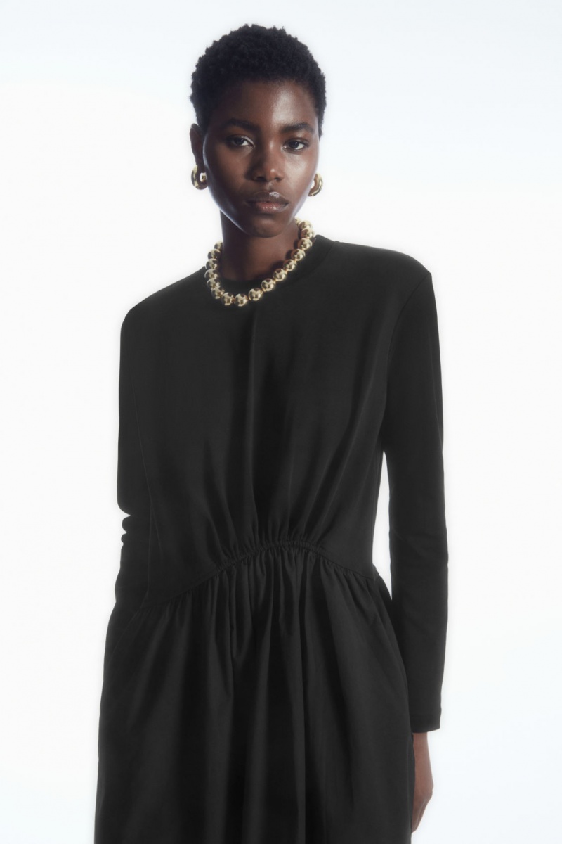 Women's COS Asymmetric Gathered-Waist Midi Dress Black NZ-94QCOSLMW