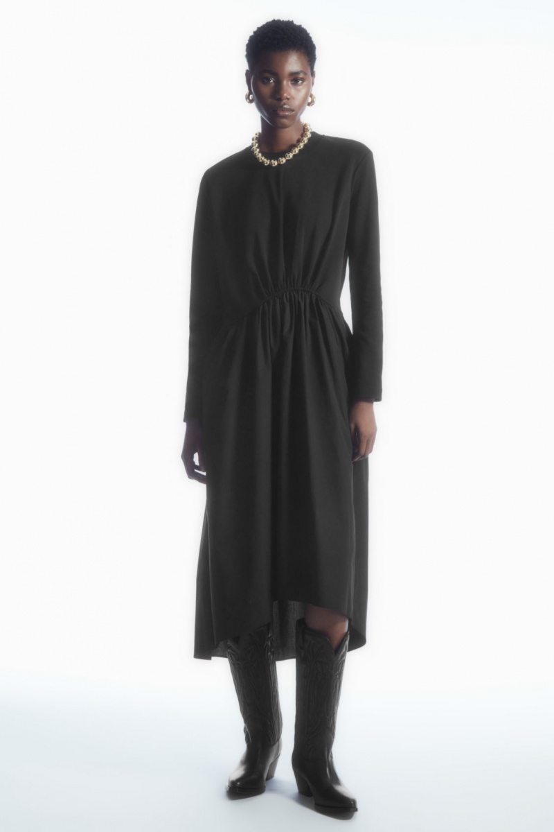 Women\'s COS Asymmetric Gathered-Waist Midi Dress Black NZ-94QCOSLMW