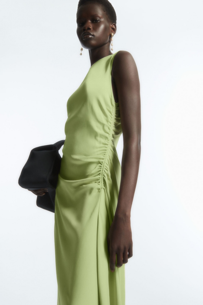 Women's COS Asymmetric Gathered Satin Midi Dress Green NZ-80CWMQHIK