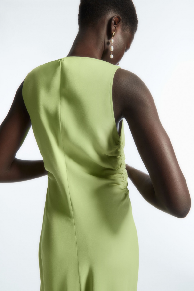Women's COS Asymmetric Gathered Satin Midi Dress Green NZ-80CWMQHIK