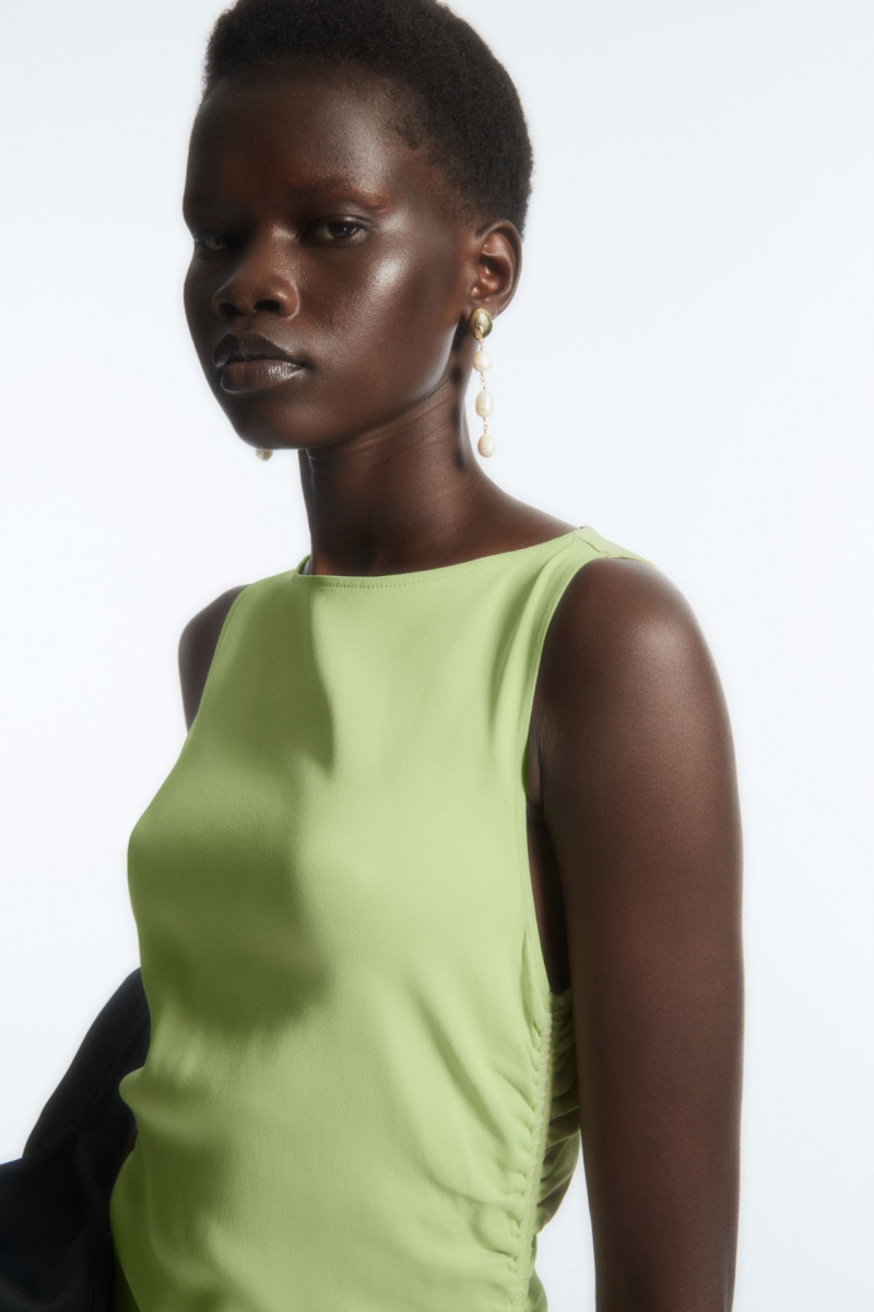 Women's COS Asymmetric Gathered Satin Midi Dress Green NZ-80CWMQHIK