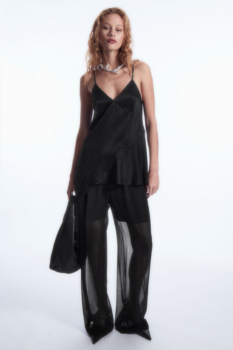 Women's COS Asymmetric Lace-Trimmed Satin Camisole Tops Black NZ-15YRKZEJU