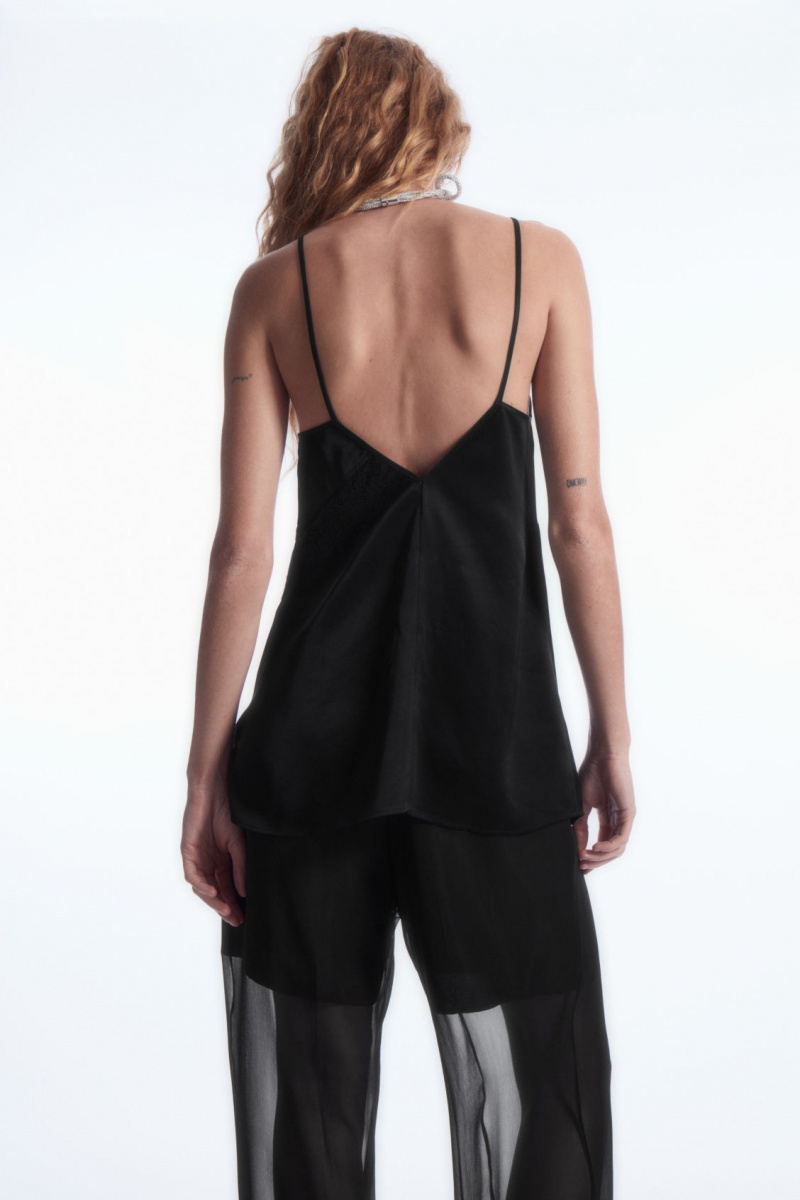 Women's COS Asymmetric Lace-Trimmed Satin Camisole Tops Black NZ-15YRKZEJU
