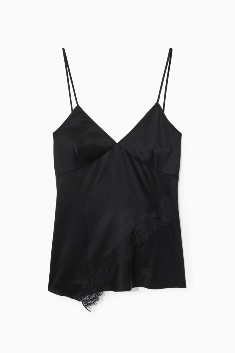 Women's COS Asymmetric Lace-Trimmed Satin Camisole Tops Black NZ-15YRKZEJU