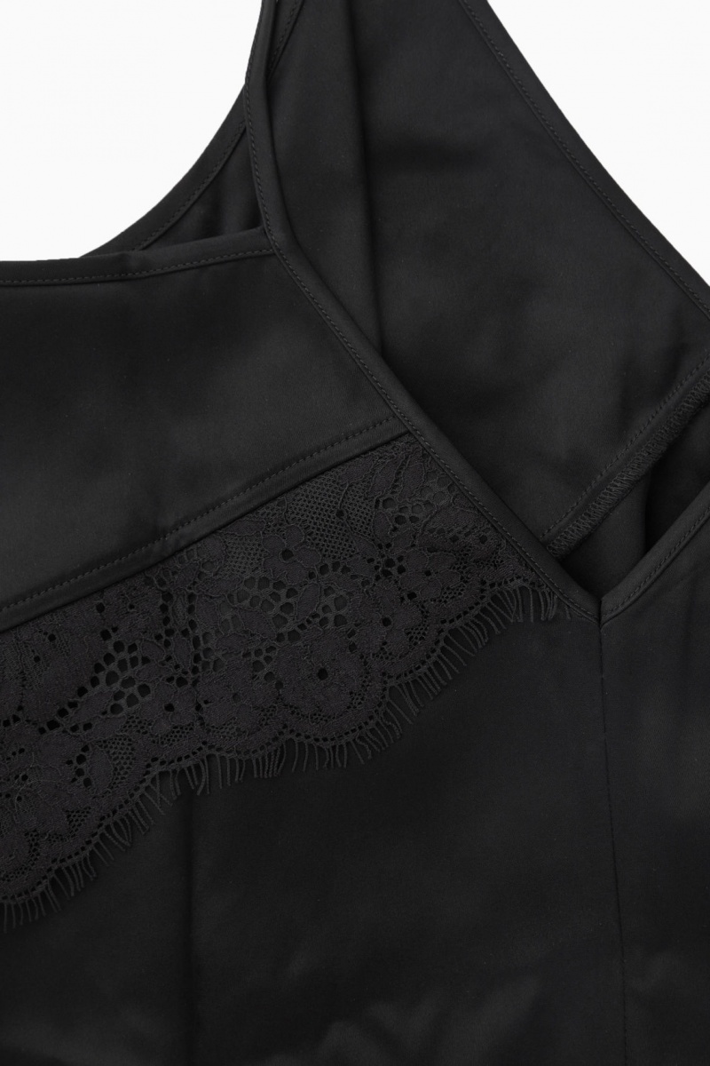 Women's COS Asymmetric Lace-Trimmed Satin Camisole Tops Black NZ-15YRKZEJU