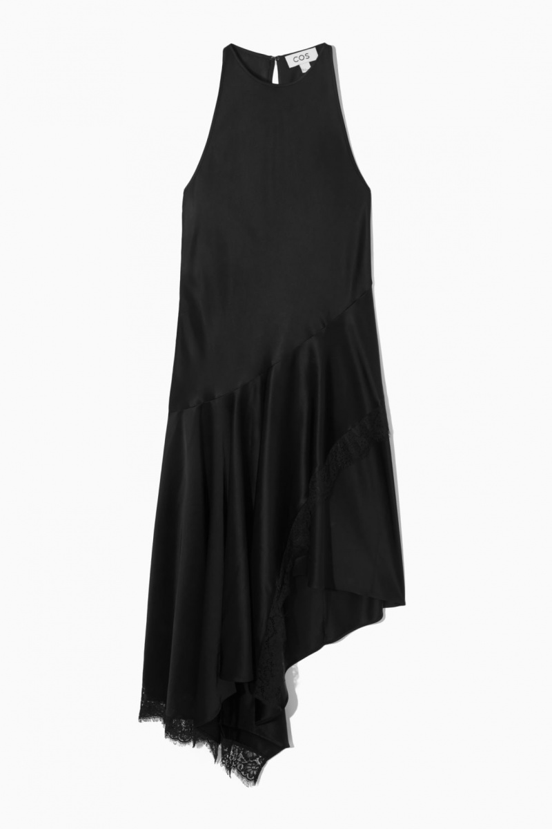 Women\'s COS Asymmetric Lace-Trimmed Satin Dress Black NZ-32OUAINMW