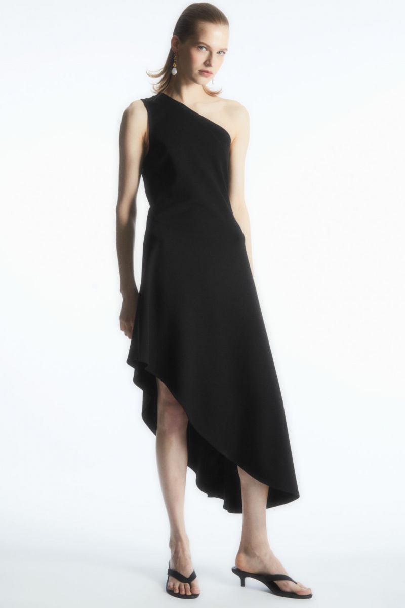 Women's COS Asymmetric One-Shoulder Midi Dress Black NZ-24XCLRZFN