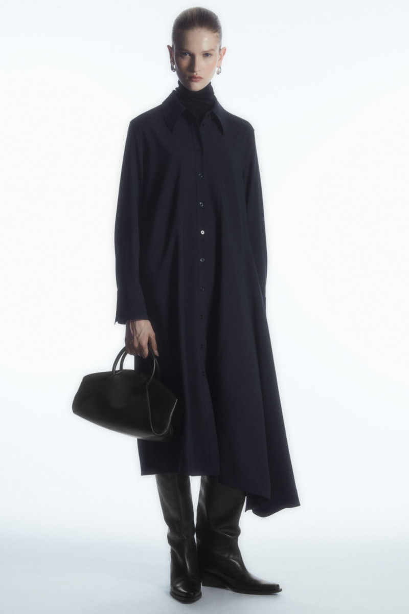 Women's COS Asymmetric Wool Dress Navy NZ-14XRWLUGB