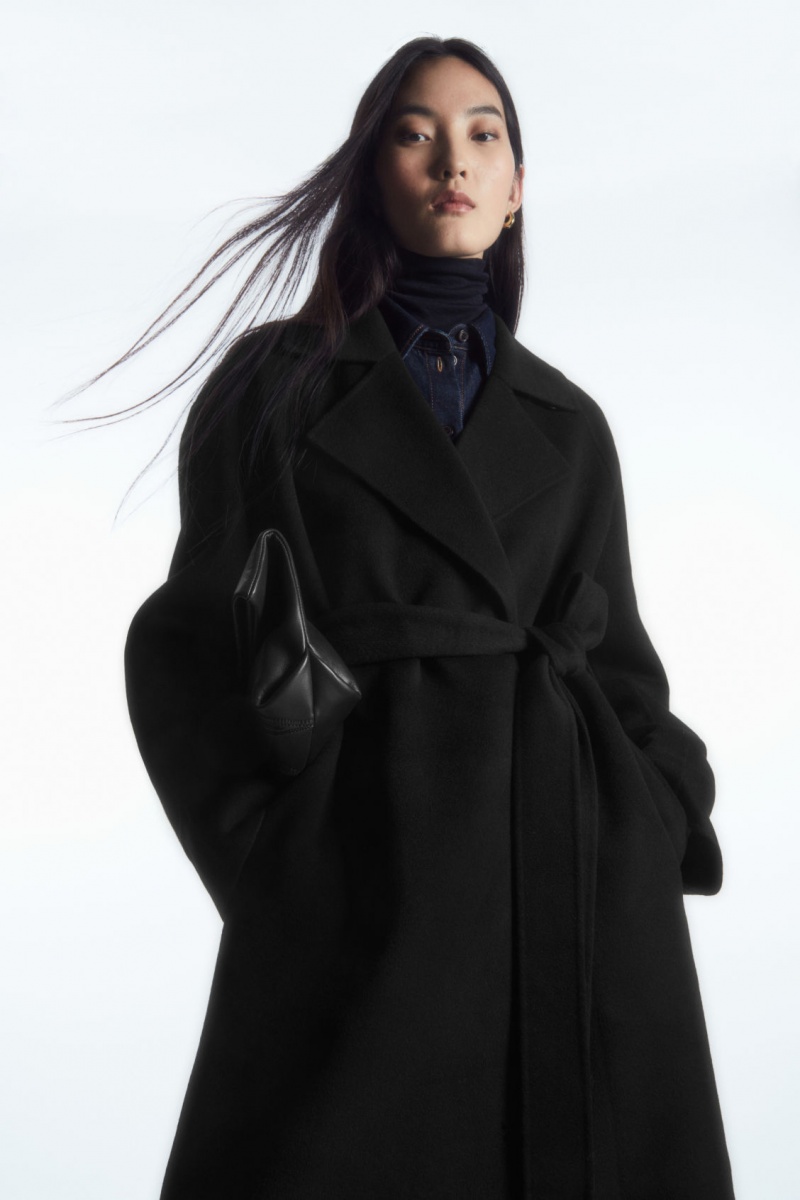 Women's COS Belted Double-Faced Wool Coats Black NZ-64YUOTWRC