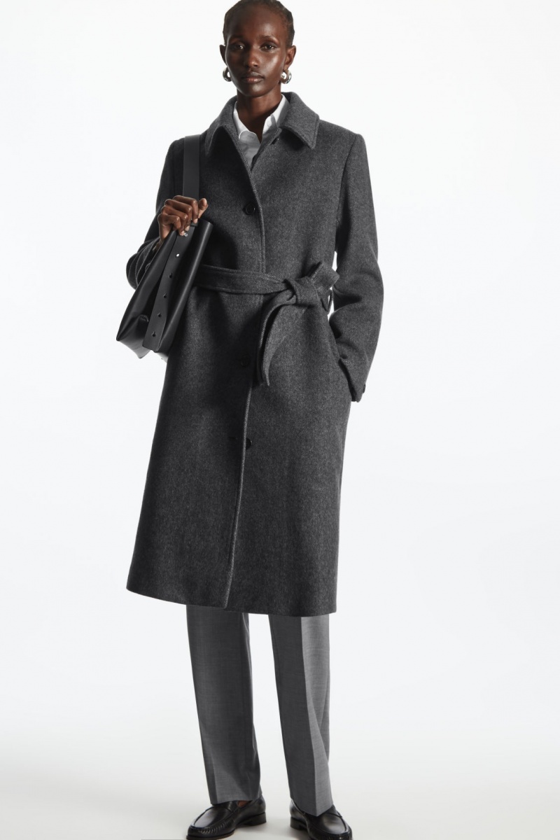 Women's COS Belted Herringbone Wool Coats Dark Grey NZ-29RPLHAUJ