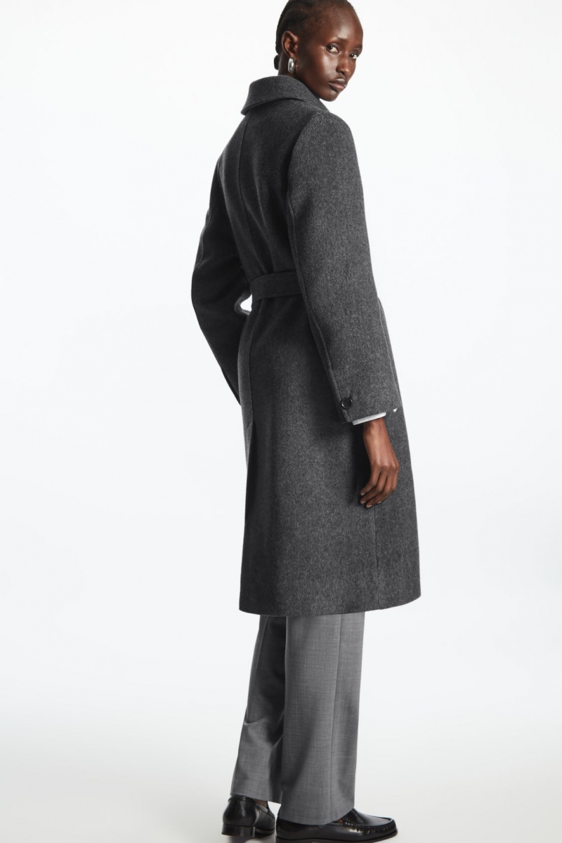 Women's COS Belted Herringbone Wool Coats Dark Grey NZ-29RPLHAUJ