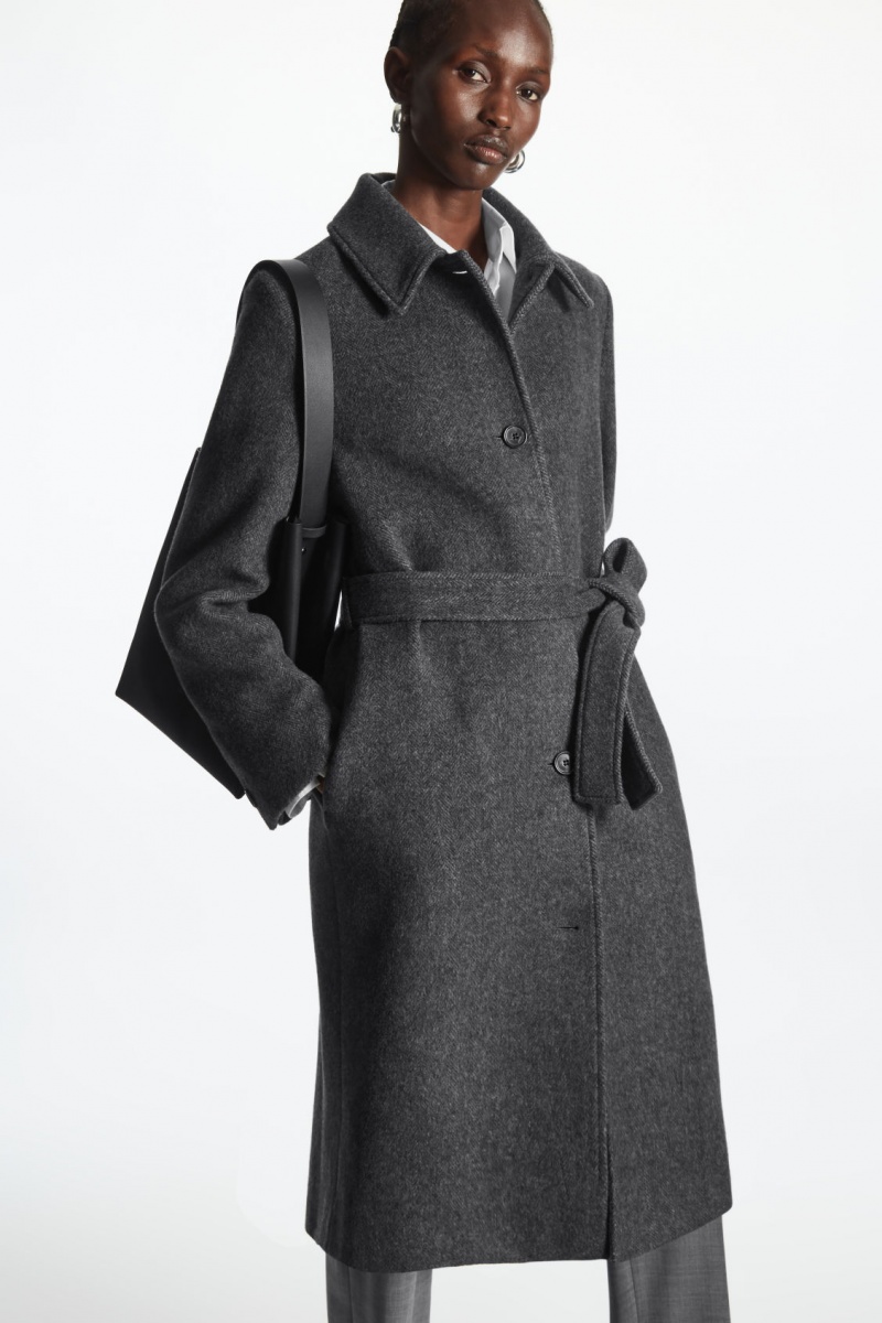 Women's COS Belted Herringbone Wool Coats Dark Grey NZ-29RPLHAUJ