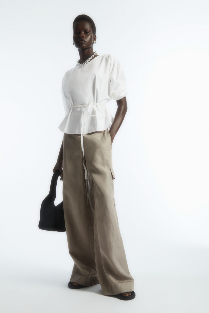 Women's COS Belted Puff-Sleeve Blouse White NZ-70VHWBRXE