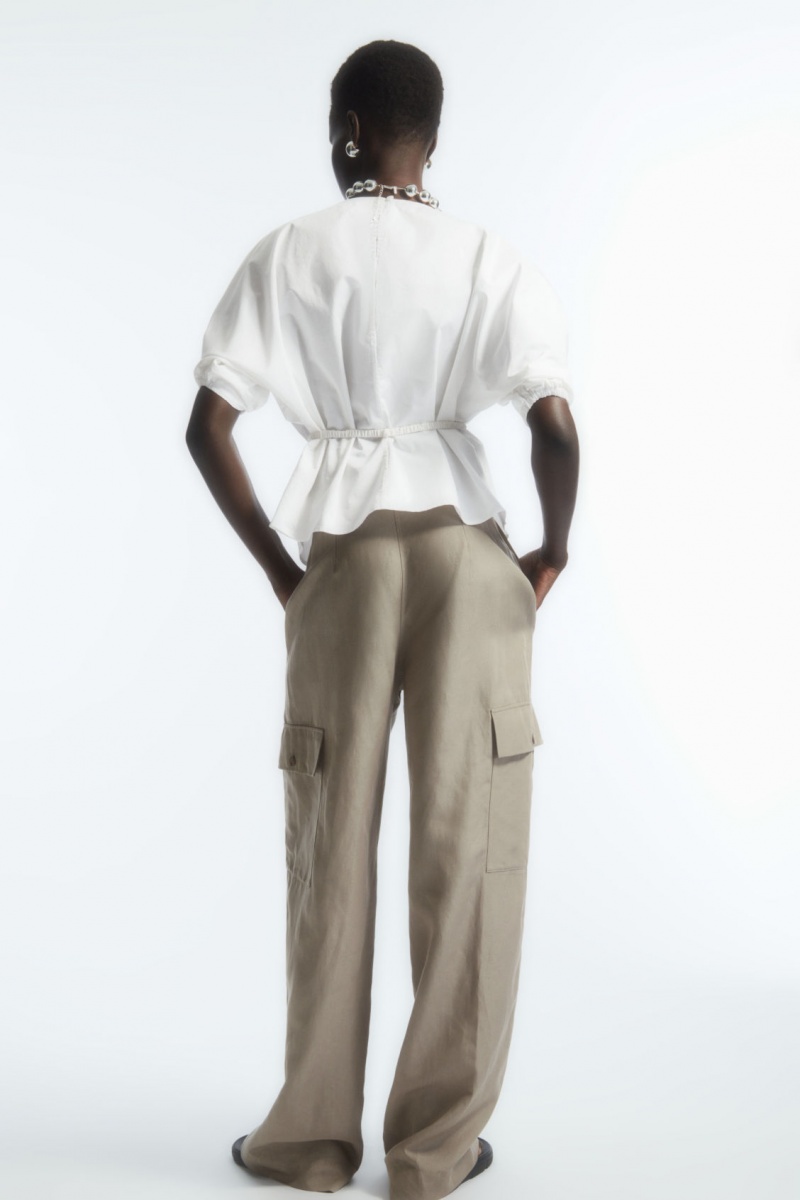 Women's COS Belted Puff-Sleeve Blouse White NZ-70VHWBRXE