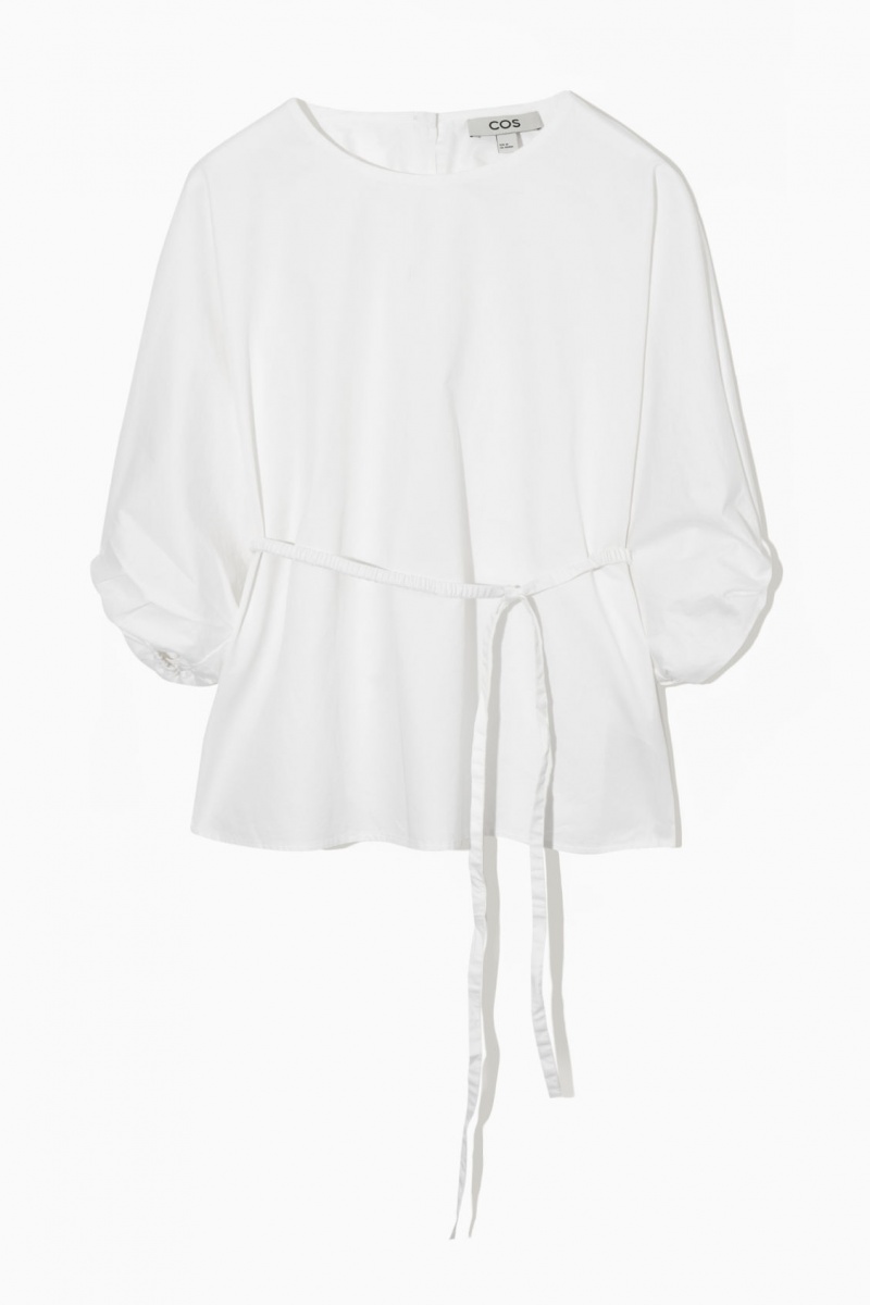 Women's COS Belted Puff-Sleeve Blouse White NZ-70VHWBRXE