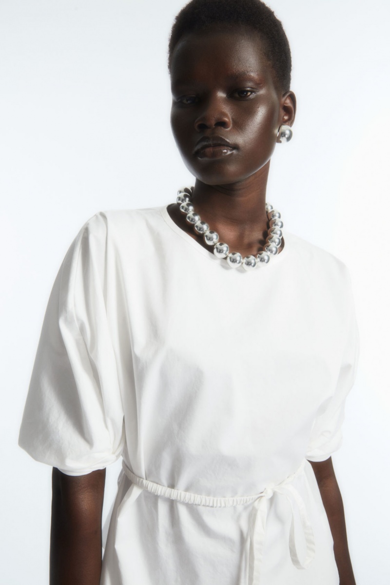 Women\'s COS Belted Puff-Sleeve Blouse White NZ-70VHWBRXE