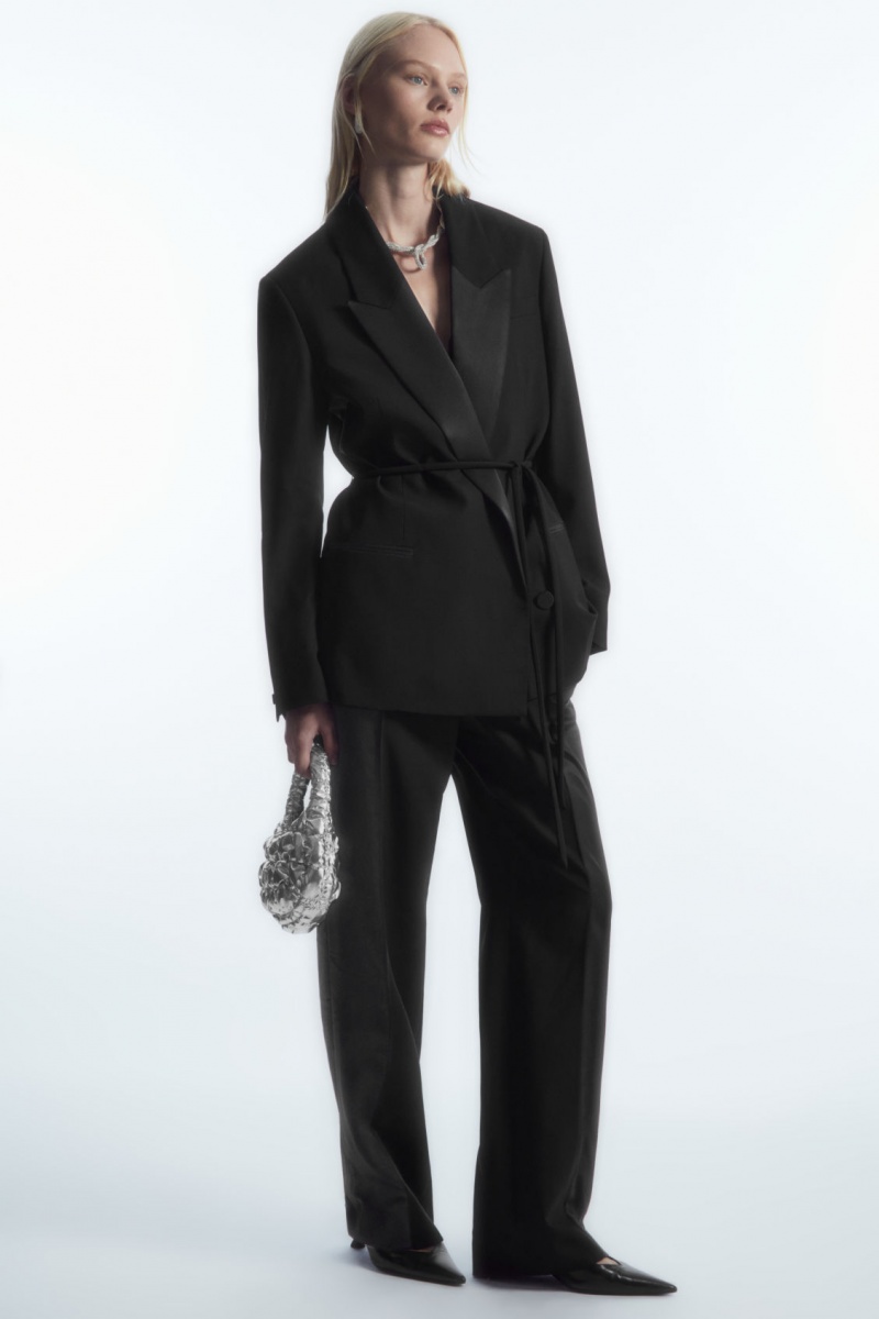 Women's COS Belted Satin-Lapel Tuxedo Blazer Black NZ-49UVFCZWA