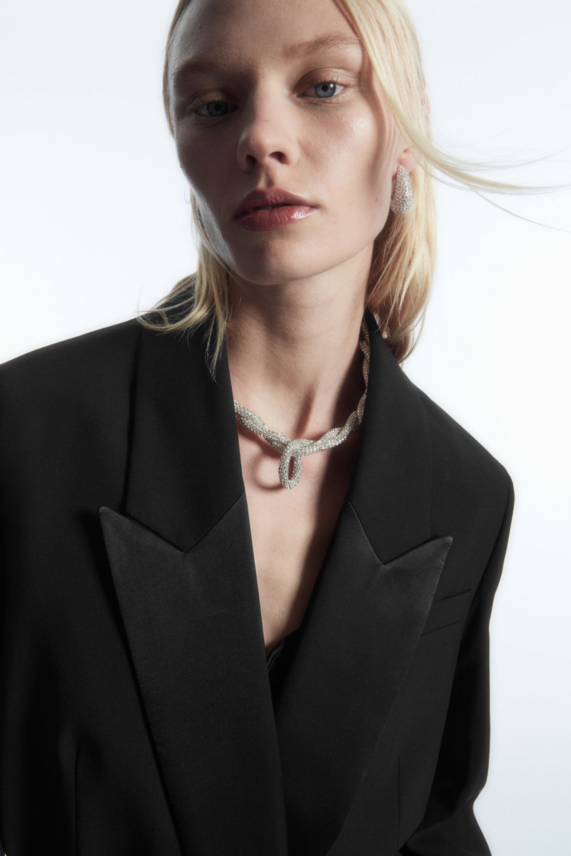 Women's COS Belted Satin-Lapel Tuxedo Blazer Black NZ-49UVFCZWA