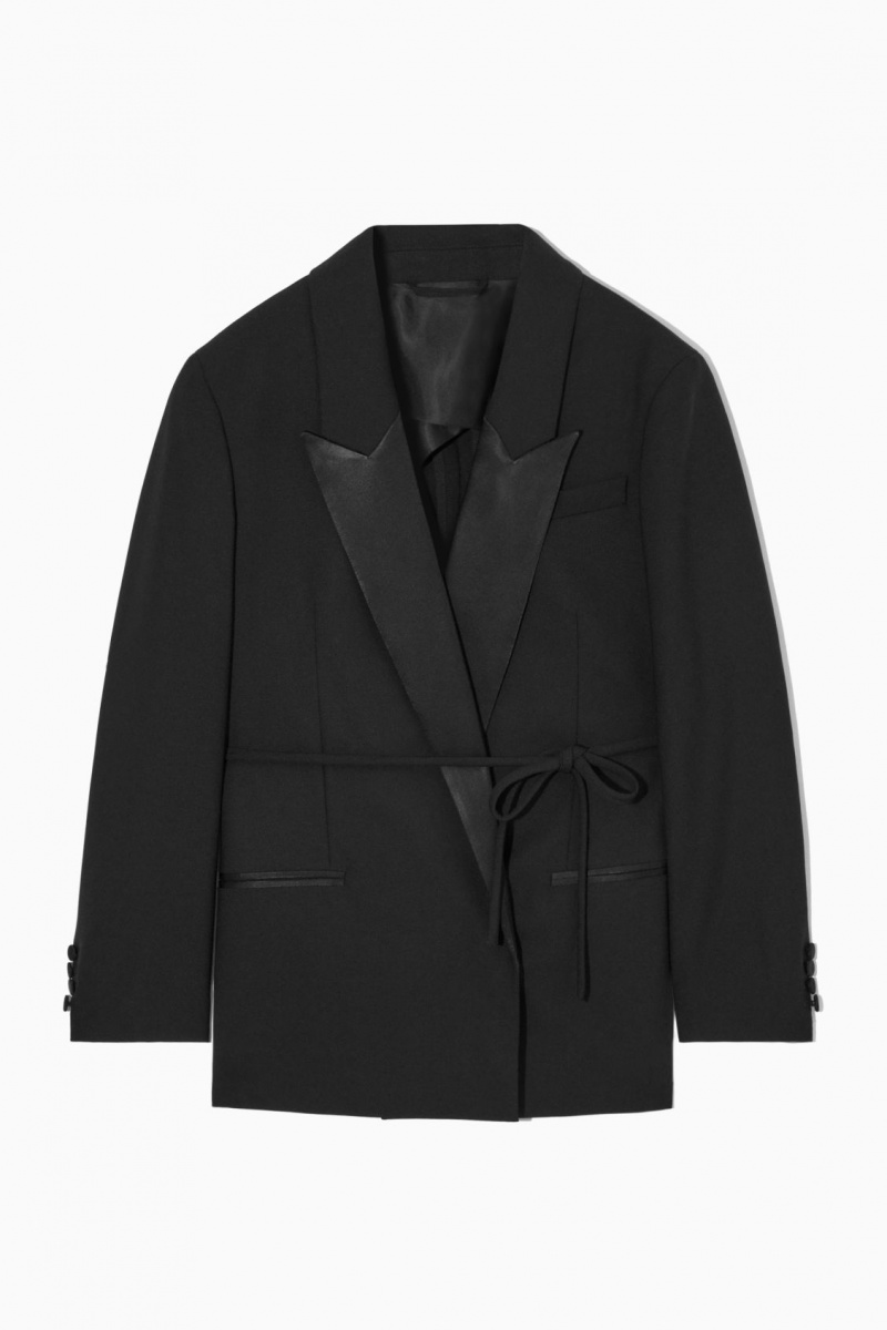 Women's COS Belted Satin-Lapel Tuxedo Blazer Black NZ-49UVFCZWA