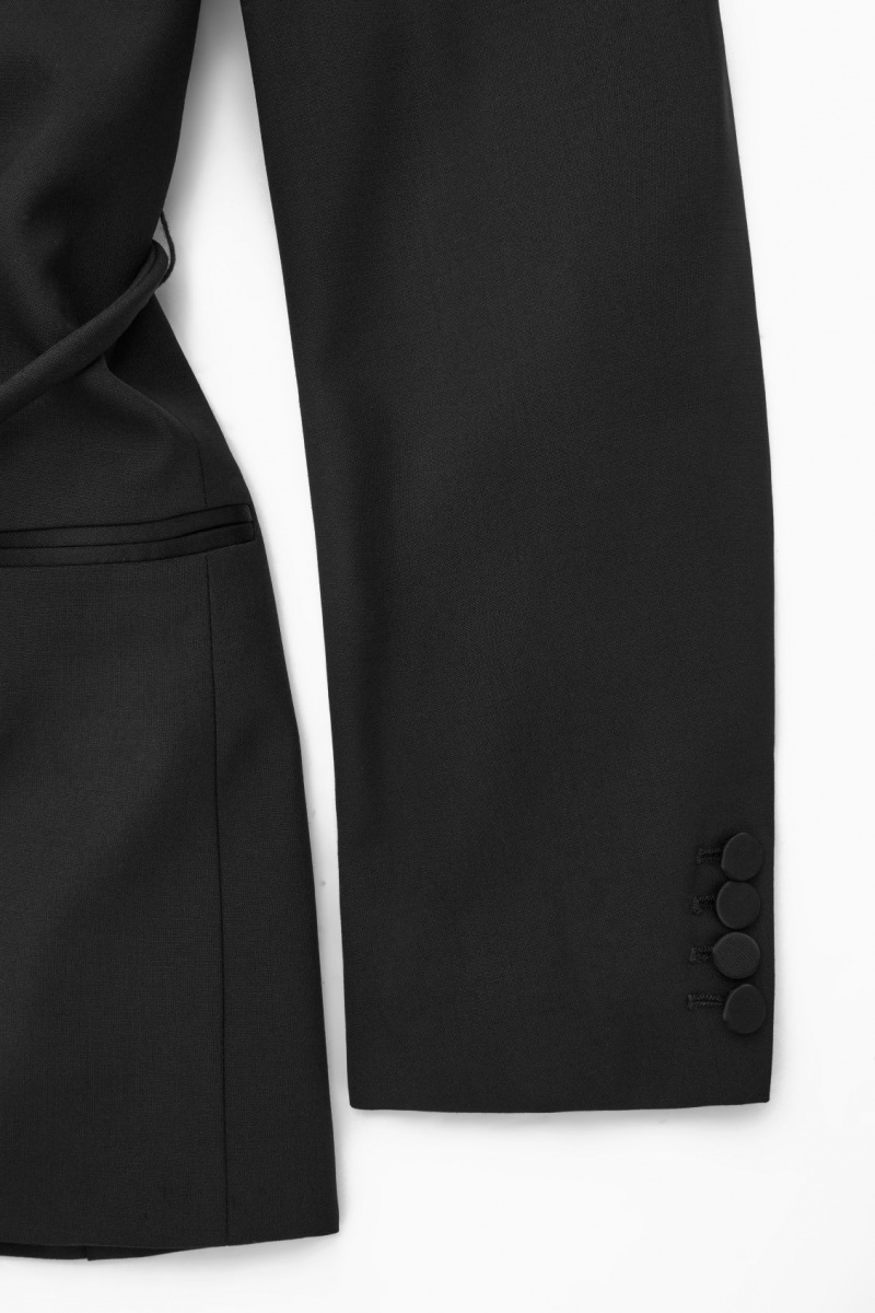 Women's COS Belted Satin-Lapel Tuxedo Blazer Black NZ-49UVFCZWA