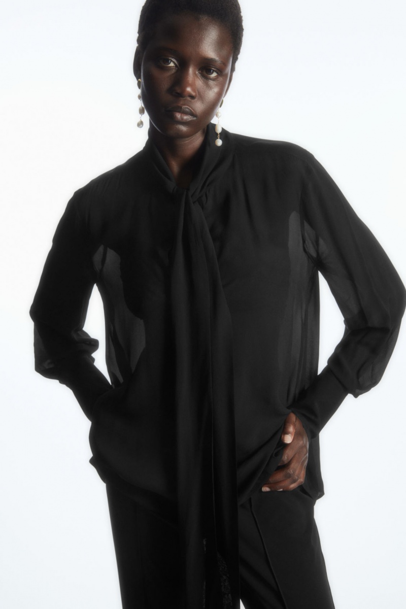 Women\'s COS Bow Voile Blouse Black NZ-79OPQCMTY