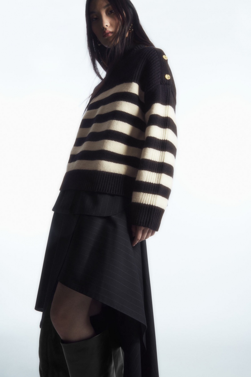 Women's COS Button-Embellished Striped Wool Sweaters Navy NZ-91ISEVGQY