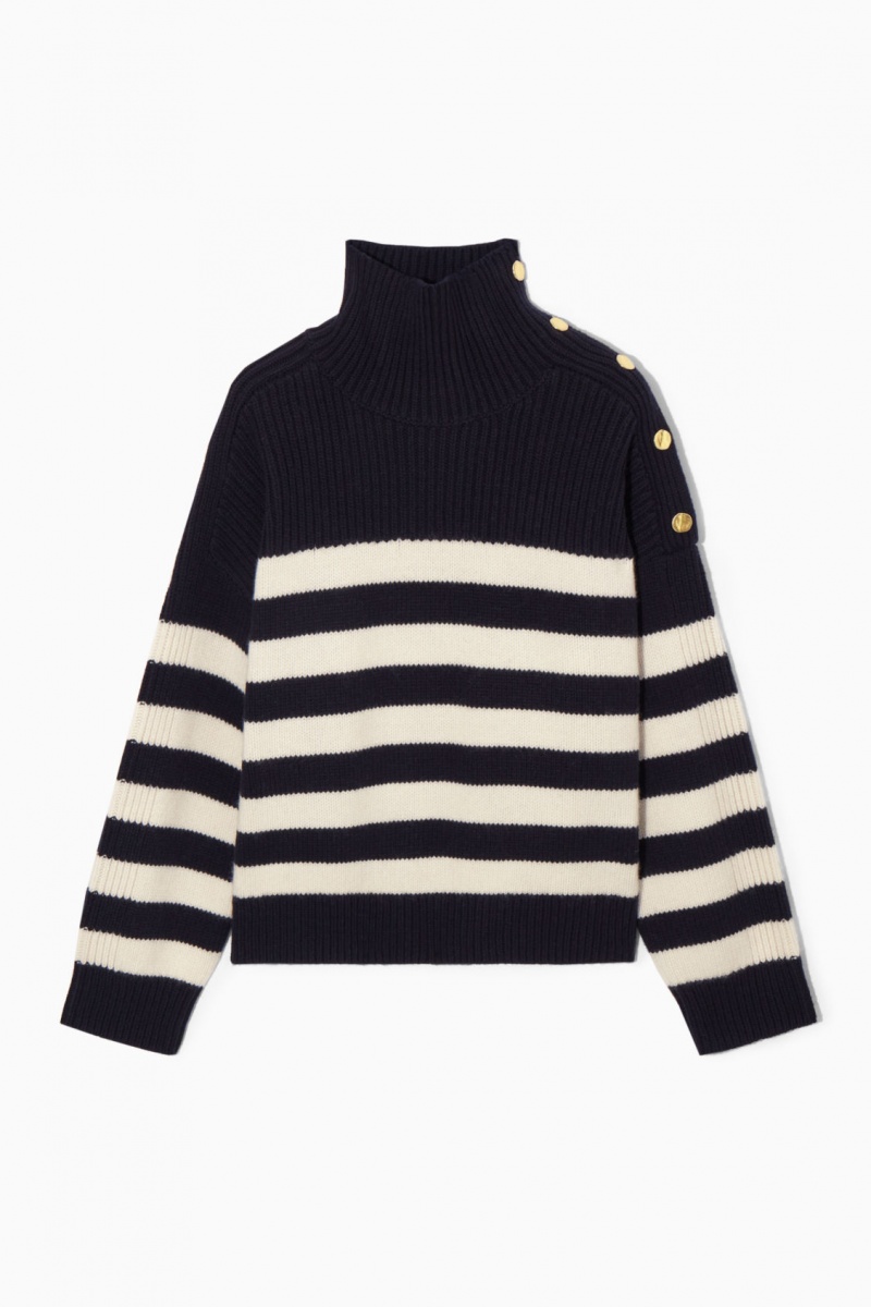 Women's COS Button-Embellished Striped Wool Sweaters Navy NZ-91ISEVGQY