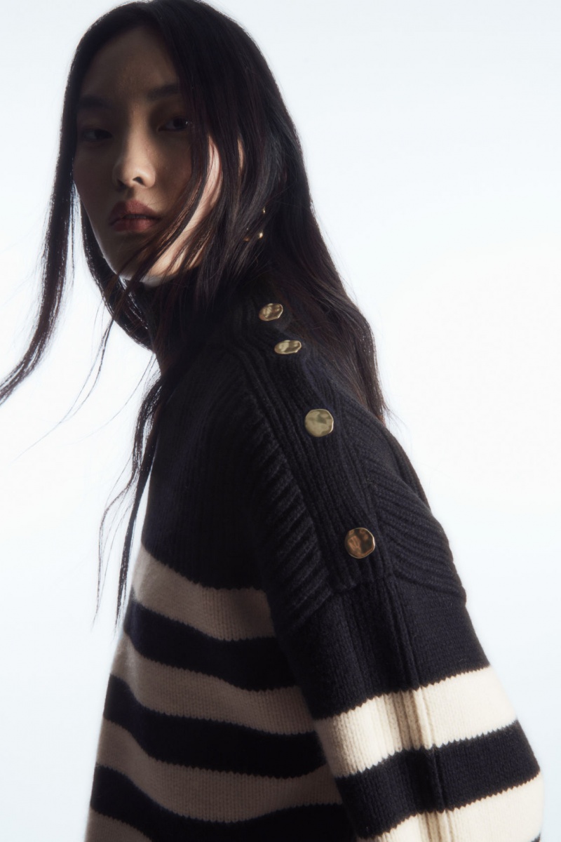 Women\'s COS Button-Embellished Striped Wool Sweaters Navy NZ-91ISEVGQY