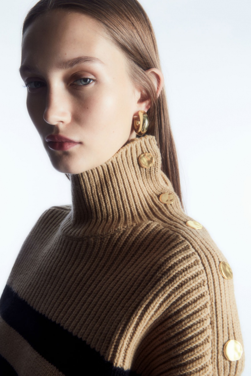 Women's COS Button-Embellished Striped Wool Sweaters Beige / Black NZ-14FCWOVXP
