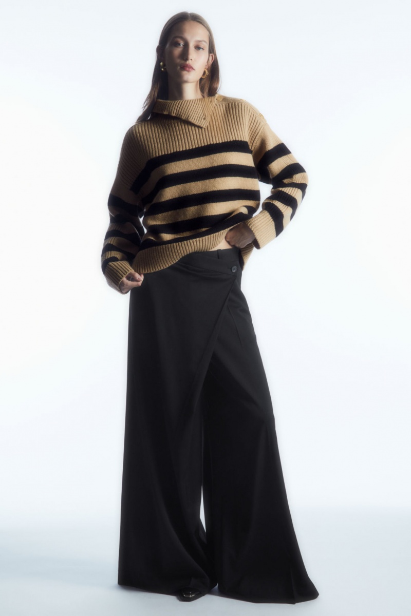 Women's COS Button-Embellished Striped Wool Sweaters Beige / Black NZ-14FCWOVXP