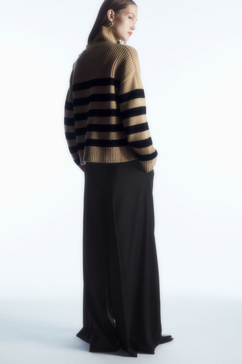 Women's COS Button-Embellished Striped Wool Sweaters Beige / Black NZ-14FCWOVXP
