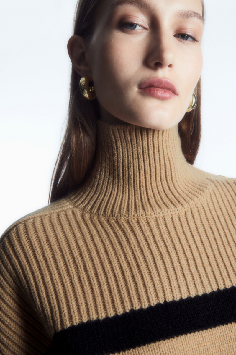 Women's COS Button-Embellished Striped Wool Sweaters Beige / Black NZ-14FCWOVXP