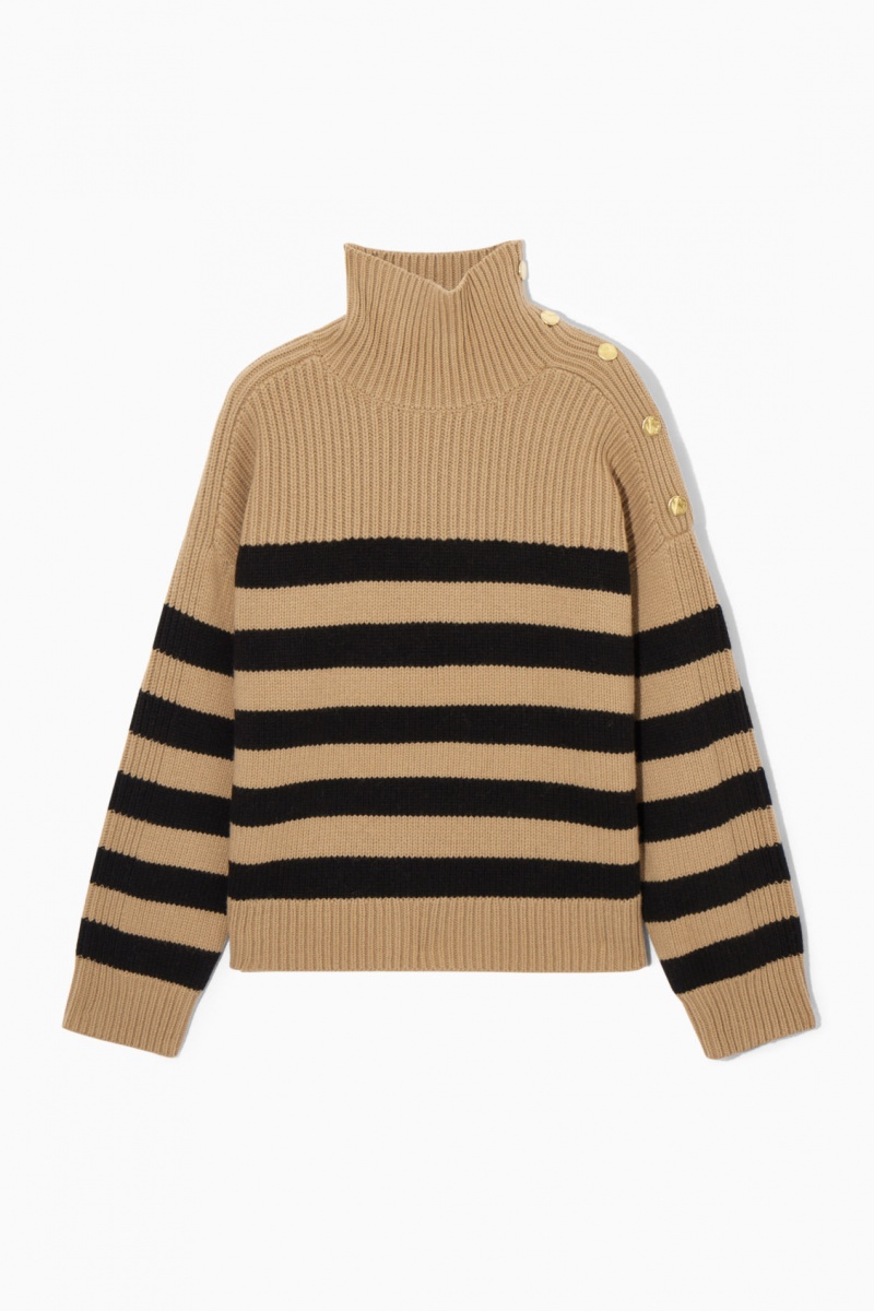 Women's COS Button-Embellished Striped Wool Sweaters Beige / Black NZ-14FCWOVXP