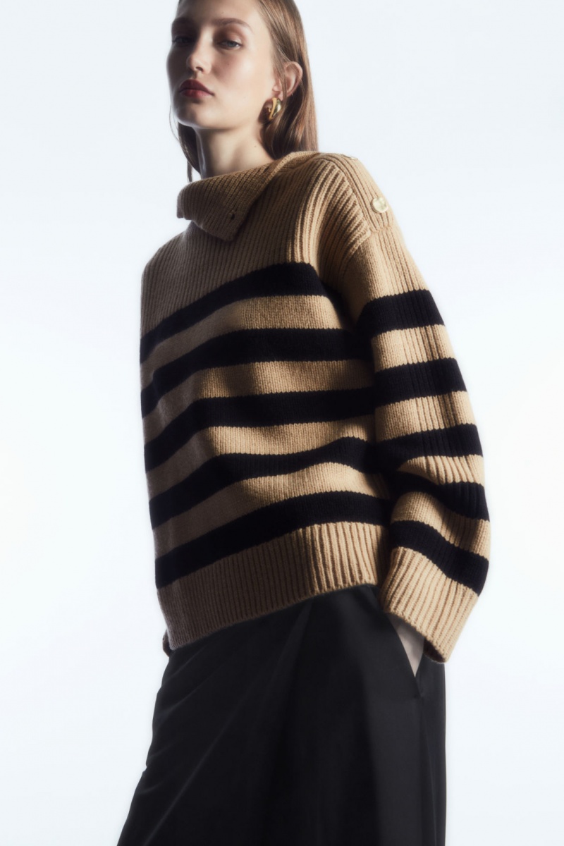 Women\'s COS Button-Embellished Striped Wool Sweaters Beige / Black NZ-14FCWOVXP