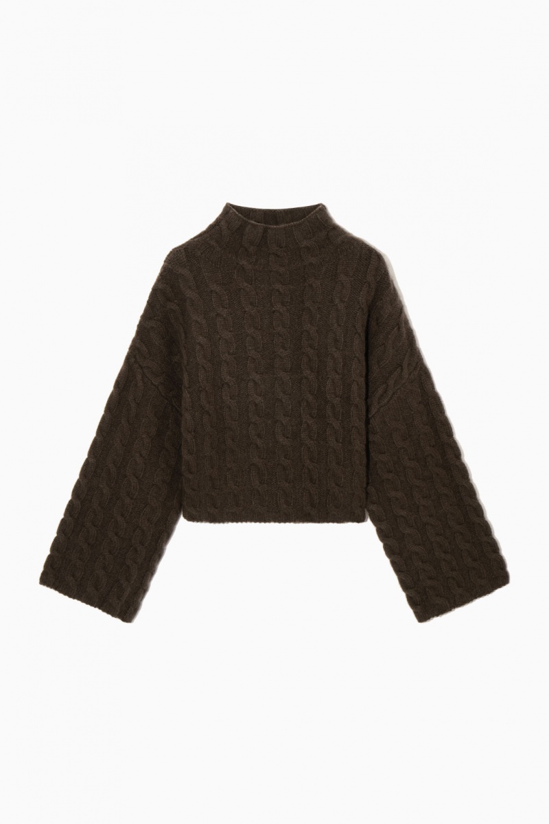 Women's COS Cable-Knit Turtleneck Sweaters Dark Brown NZ-06JERBAYL