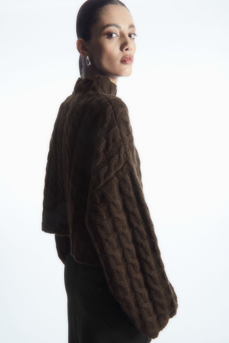 Women\'s COS Cable-Knit Turtleneck Sweaters Dark Brown NZ-06JERBAYL