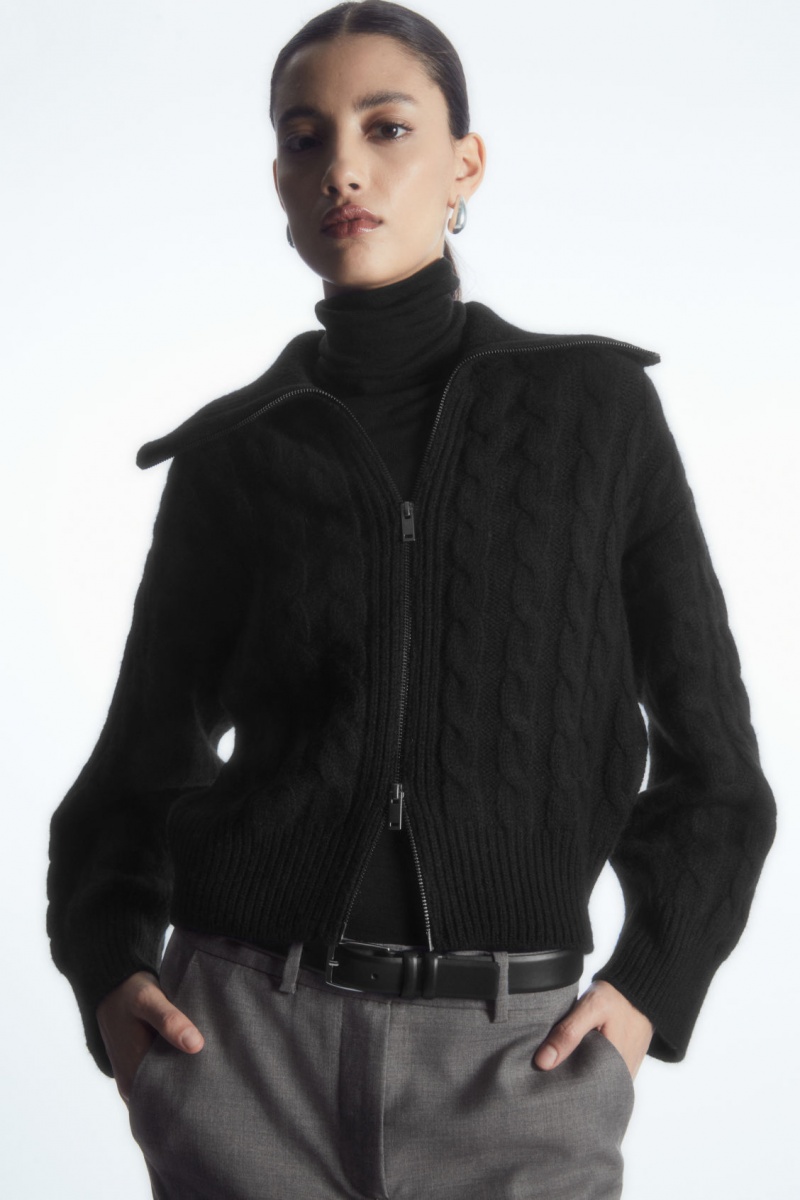 Women's COS Cable-Knit Wool Zip-Up Jackets Black NZ-43JNCDPTU